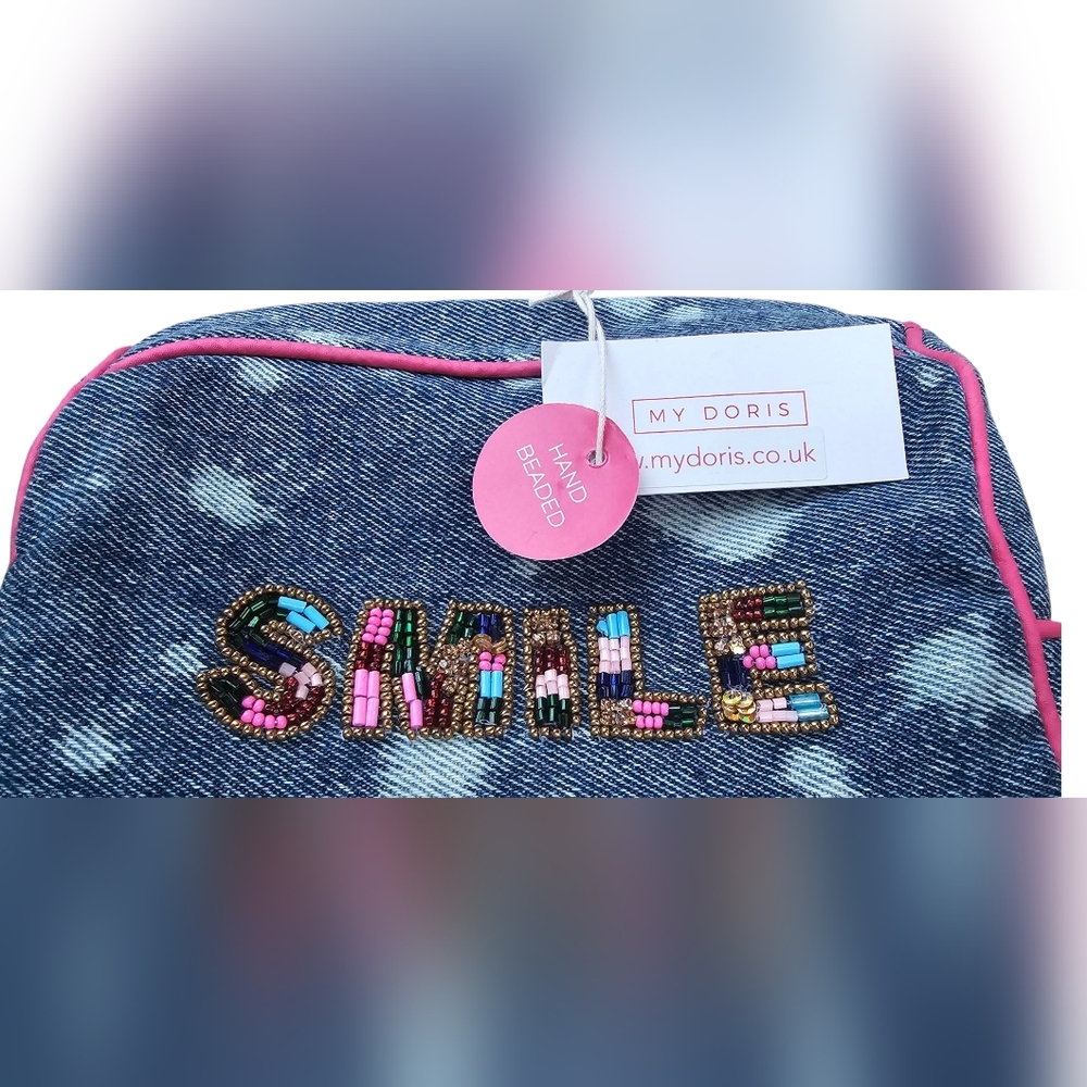 NEW My Doris - Small Denim 'Smile' Hand Beaded Embellished Women's Cosmetic Bag - Picture 2 of 10